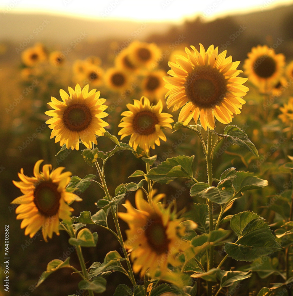 Obraz premium Sunflowers in a beautiful natural setting, sunflower in garden sunset