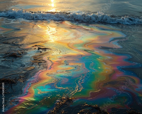 Oil spill on ocean, marine life suffering, sunrise, slick rainbow sheen