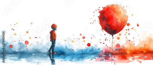 A solitary child stands facing a giant red balloon in a vibrant, abstract watercolor landscape, symbolizing innocence and wonder