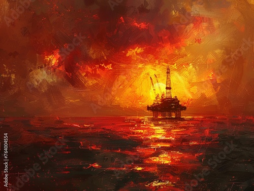 Oil rig silhouette against fiery sunset, polluted waters below, dramatic impact