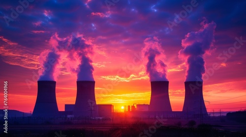 Nuclear power plant with an intense red and cloudy evening sky. coal fired power station and Combined cycle power plant at sunset.