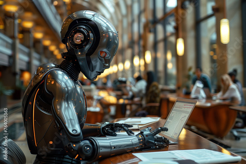 Photorealistic robot engaging in office work, signifying the integration of AI and robotics into business