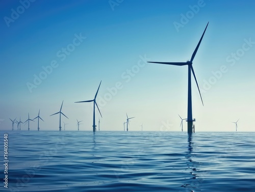 Image showcasing a wind turbine farm located in the sea near with their large blades rotating in the wind. Energy and environmental conservation, highlighting the beauty and efficiency energy. AI