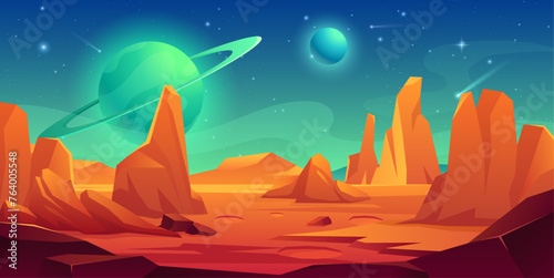 Mars surface landscape. Vector illustration of alien planet with craters, saturn planet, mountains, rock, sky galaxy, comet and stars. Red desert in cosmos. Martian extraterrestrial background.