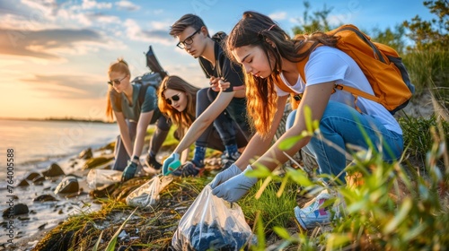 Young volunteers cleaning coastal shoreline at sunrise with eco friendly tools and recyclable bags photo