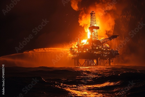 Night-time flaring, bright flames on rig, dark ocean, stark contrast © HADAPI