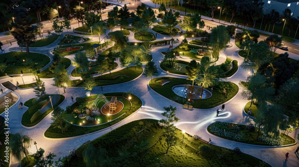 Design a 3D model of an urban park 
