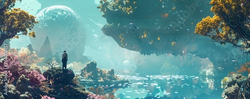 Explorers navigate through a floating archipelago of alien flora and fauna