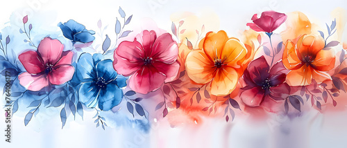 Vibrant illustration of various flowers in full bloom with a watercolor effect, showcasing a blend of cool and warm tones