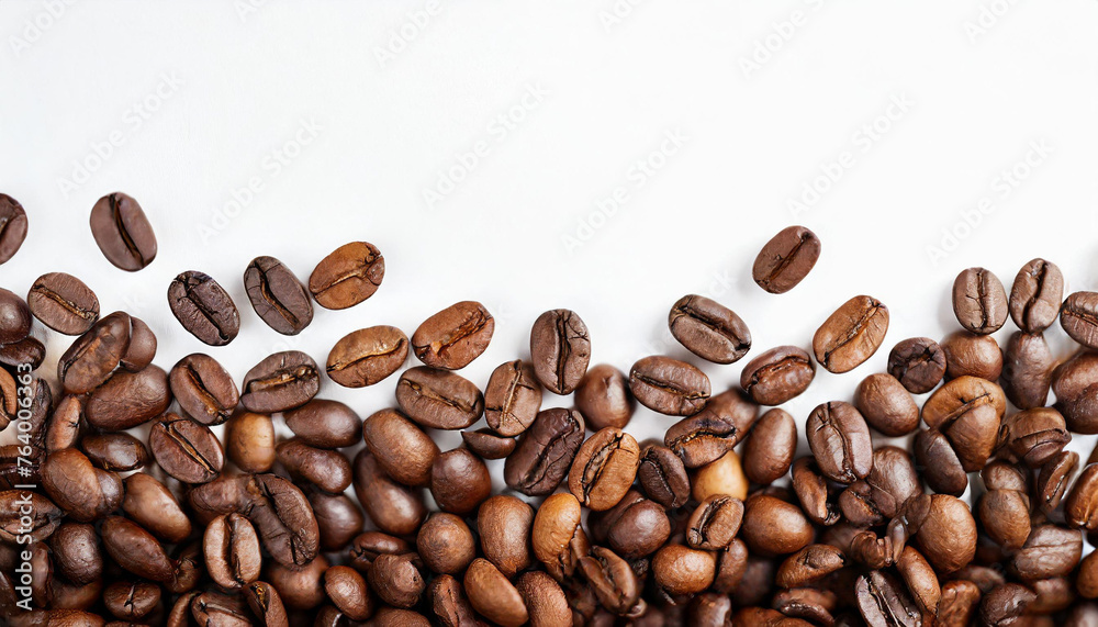 Coffee beans border: isolated on white background banner, with ample white space for captions. Panoramic view Coffee beans border: isolated on white background banner, with ample white space for captions. Panoramic view