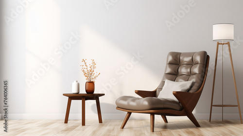 Elegant mid-century modern brown leather armchair with white pillow and wooden legs in a bright room with white walls and wooden floor.
