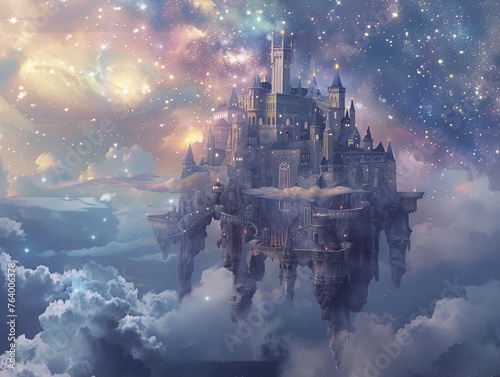 Fantasy adventure to a dreamlike castle floating among ethereal clouds and star constellations photo