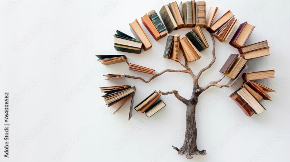 tree with books like leaves, white background, Literacy, education, knowledge concept, Reading educates, copy and text space, 16:9 tree with books like leaves, white background, Literacy, education, knowledge concept, Reading educates, copy and text space, 16:9