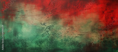 A natural landscape painting with tints of magenta and shades of green on a grunge texture background. The pattern features a mix of rectangles and grass elements, all in a unique font style