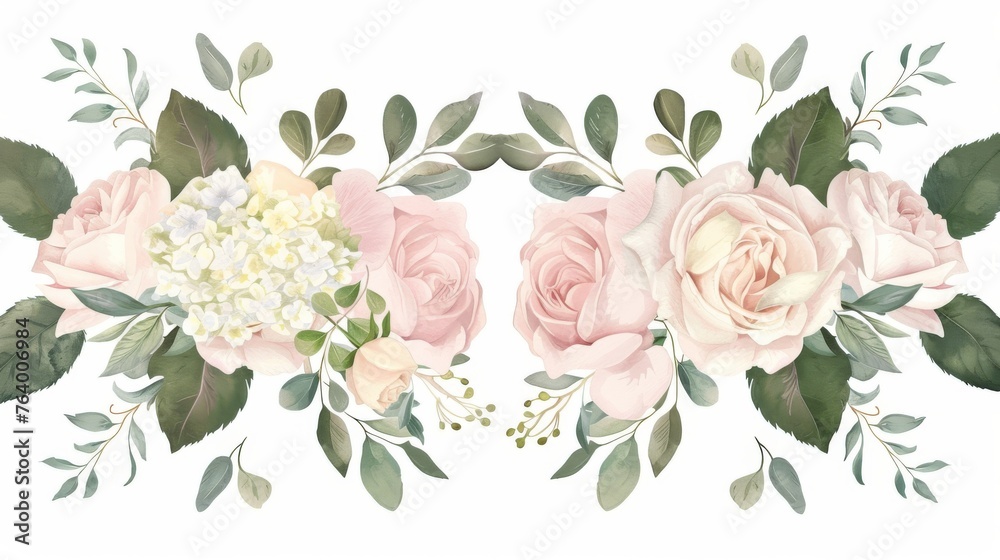 The elements of the bouquet are isolated and editable, and include eucalyptus, greenery, hydrangeas, and tropical leaves in floral pastel watercolor style. The elements are isolated and editable.