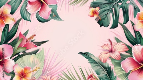 Exotic tropical flowers and leaves design for wedding invitations or cards