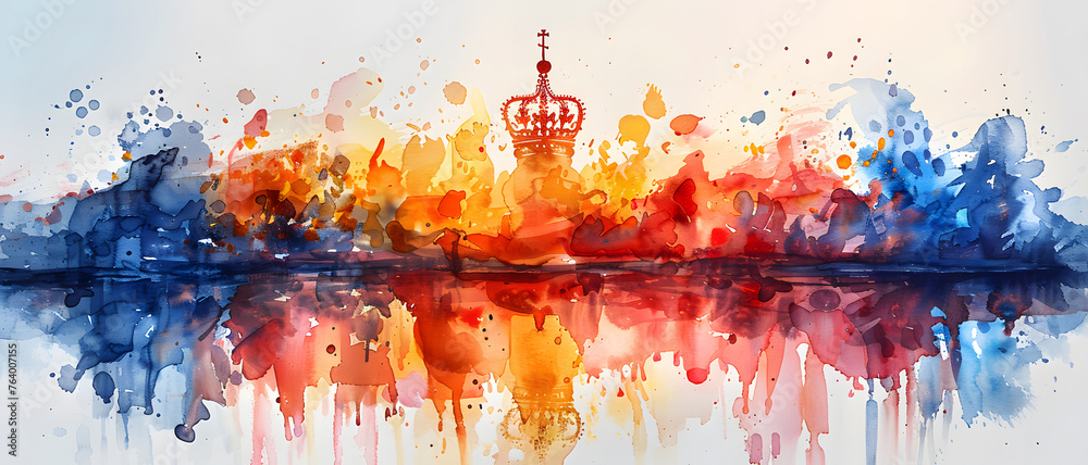 An abstract representation of a city skyline and its reflection, with a crown symbol becoming the focal point