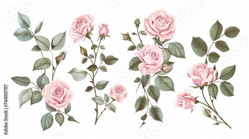 Modern illustrations of floral arrangements. Rhododendron pink roses, green leaves. Wedding concept with flowers. Posters and invitations with floral arrangements.
