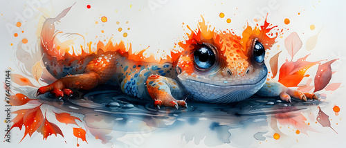 This digital artwork shows a vibrant leopard gecko with a friendly gaze surrounded by fiery autumn foliage