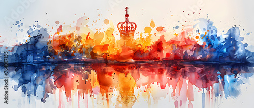 An abstract representation of a city skyline and its reflection, with a crown symbol becoming the focal point