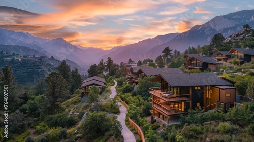 Design a luxury retreat nestled in the mountains, with cabins, spas, and outdoor recreational areas, 