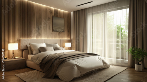 Cozy bedroom interior design. Modern light house or hotel room with comfortable large king size bed, luxury linen and stylish trendy minimal or classic decor background. Bedroom home furniture shop.