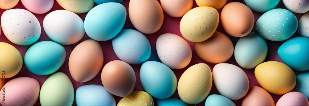 Easter composition of colorful easter eggs over plain background. Springtime holidays concept with copy space - Easter decoration, banner, panorama, background