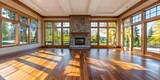 Elegant living room featuring hardwood floors, fireplace, and expansive windows showcasing outdoor views. Concept Elegant Interiors, Hardwood Floors, Fireplace Feature, Expansive Windows