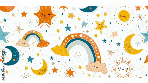 The cutest nursery patterns set with a sky crescent moon, stars, rainbow, and sun. Modern illustration set designed to fit any gender.