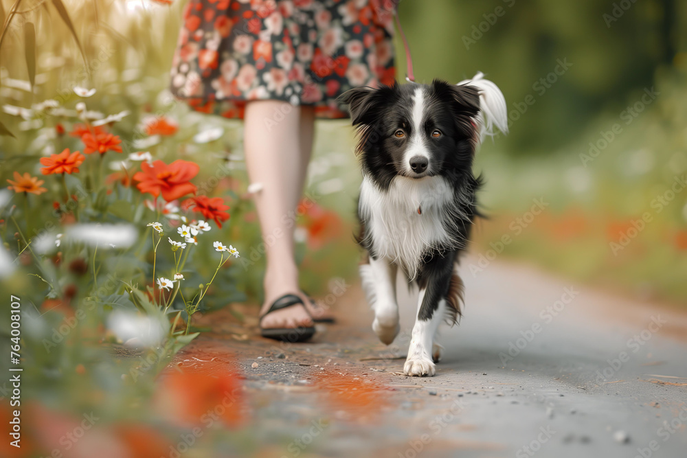 A cute happy border dog walking next to its owner, wearing dress on the road in an summer park with flowers around them A cute happy border dog walking next to its owner, wearing dress on the road in an summer park with flowers around them