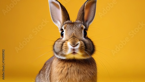 Portrait of brown surprized rabbit isolated on plain yellow background. Greeting card, postcard,banner. Easter advertising concept.