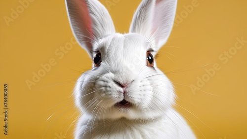 Portrait of white surprized rabbit isolated on plain yellow background. Greeting card, postcard,banner. Easter advertising concept. photo