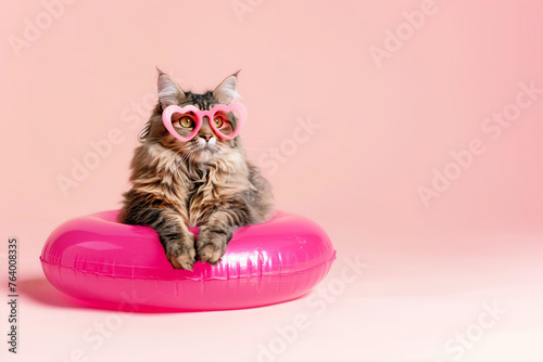 Cute maincoon cat with pink heart-shaped glasses sitting on an inflatable ring isolated on a light pink background, in the style of a summer concept