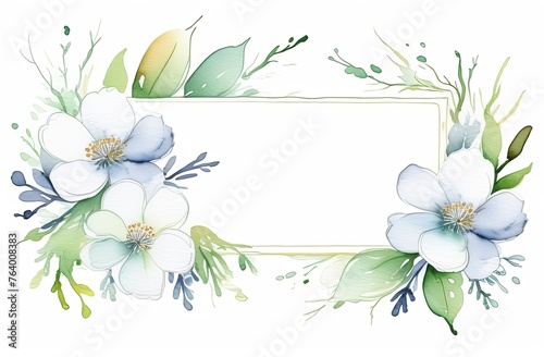 Composition of white spring flowers and green branches over white background. Springtime holidays concept with copy space. Watercolor illustration, background. Greeting card for wedding, postcard