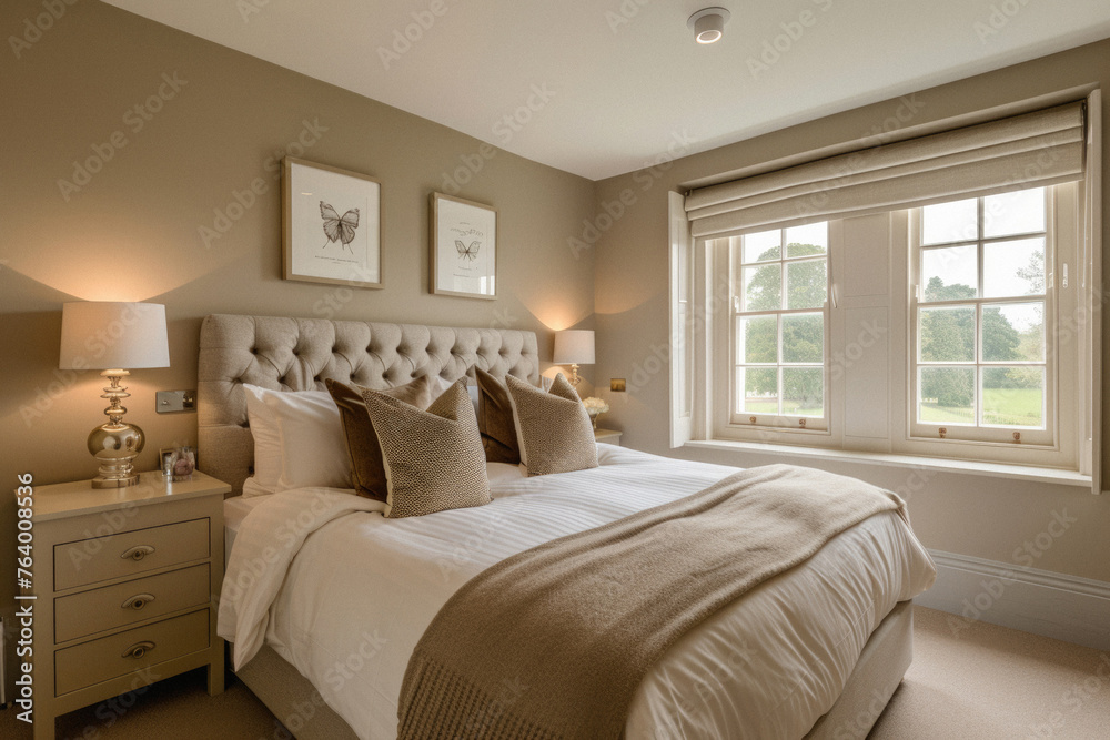 Cozy bedroom interior design. Modern light house or hotel room with comfortable large king size bed, luxury linen and stylish trendy minimal or classic decor background. Bedroom home furniture shop. Cozy bedroom interior design. Modern light house or hotel room with comfortable large king size bed, luxury linen and stylish trendy minimal or classic decor background. Bedroom home furniture shop.