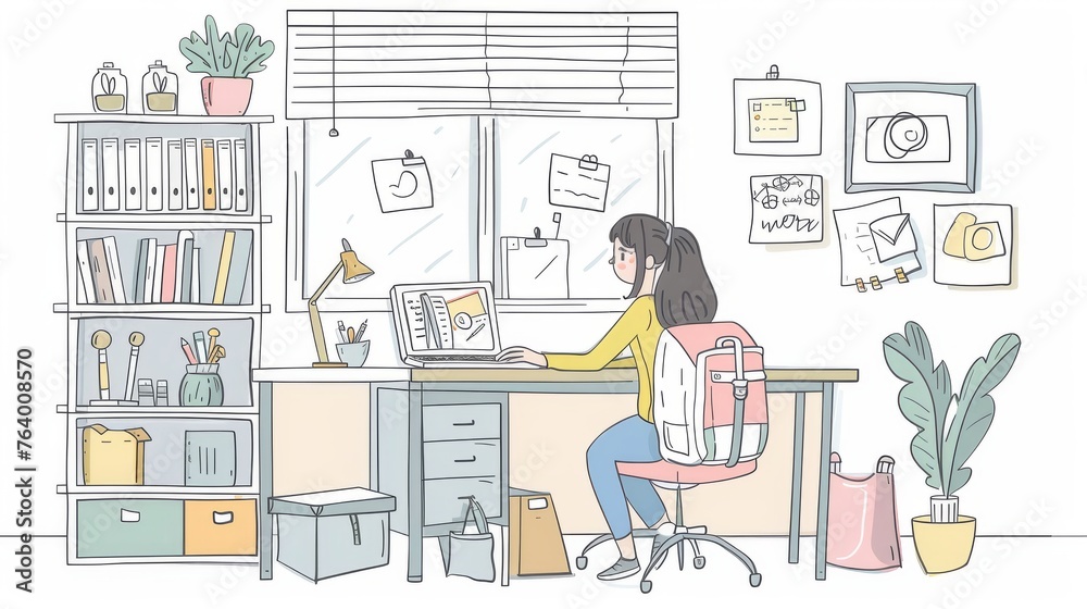 Modern design illustration depicting a student girl at work. Illustrations hand drawn in a hand drawn style.