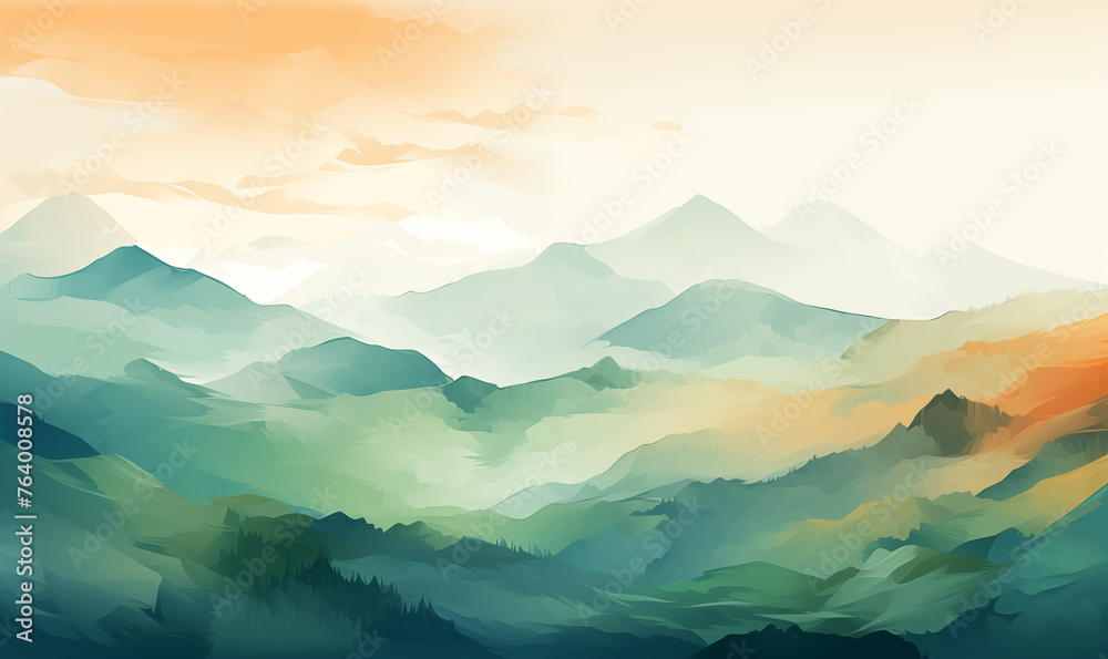 Watercolor painting of mountain shapes at dusk / sunrise / sunset pastel colors background backdrop	