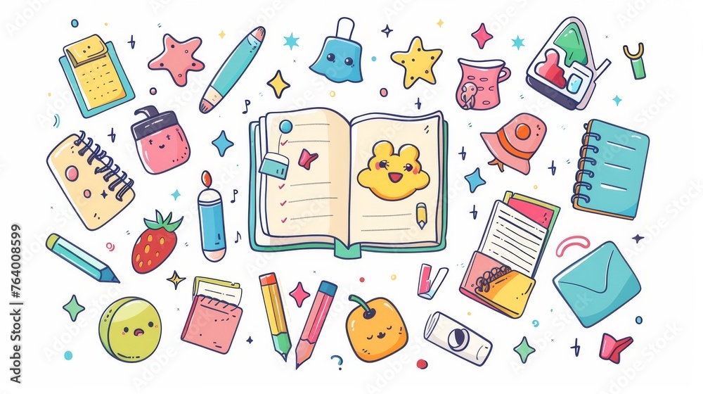 A cute student character takes notes in a notebook. Stickers and notes in flat design style. A cute student character takes notes in a notebook. Stickers and notes in flat design style.