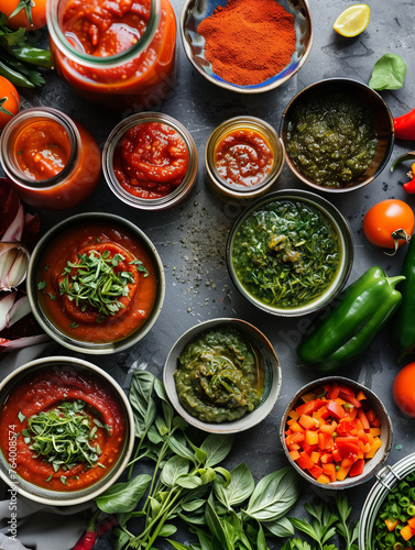 Vegan/ vegetarian sauces and spices in jars and bowls seen from above, healthy food top view wallpaper 