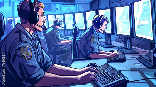 a 911 call center for first responders, fire, police, and medical personnel, in an Emergency-themed, Horizontal format in JPG, Cartoon Illustration. Generative ai photo