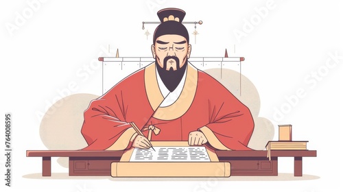 This hand-drawn style modern illustration depicts King Sejong writing Korean on a scroll.