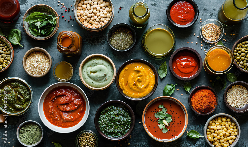 Vegan/ vegetarian sauces and spices in jars and bowls seen from above, healthy food top view wallpaper kitchen Vegan/ vegetarian sauces and spices in jars and bowls seen from above, healthy food top view wallpaper kitchen