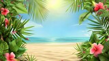 Tropical beach scene with calming vibe - Serene tropical beach setting with vibrant flowers and palm leaves framing a soothing ocean view