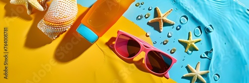 Colorful summer accessories with water drops - Stylish summer accessories with vibrant colors and refreshing water droplets on a yellow background