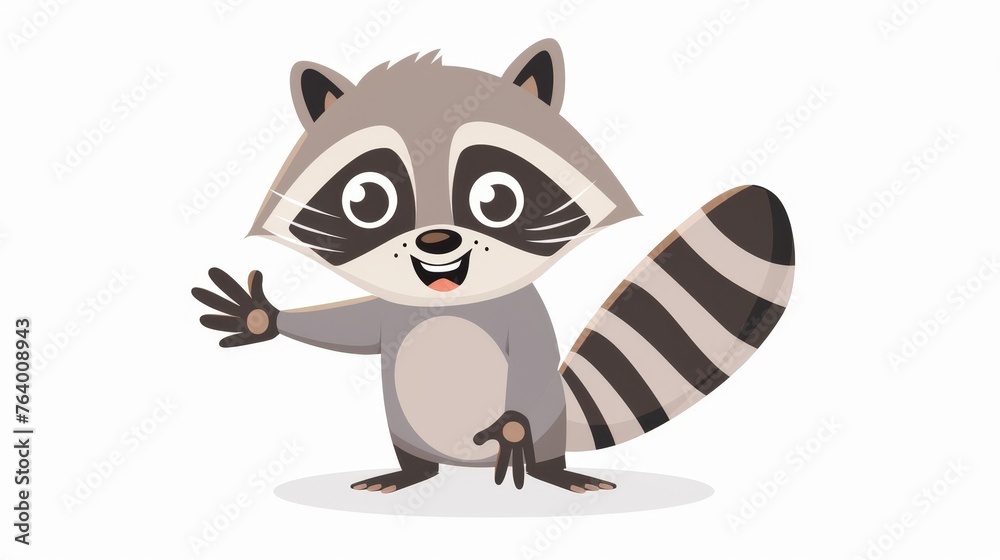 Happy smiling raccoon waving with paw, greeting with hello gesture. Happy smiling joyful racoon. Flat modern illustration isolated on white.