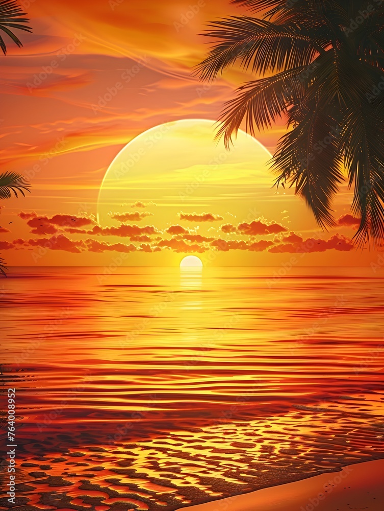 Sunset view with palm silhouette and calm sea - A digital art rendering of a golden sunset with the silhouette of palm trees against a calm sea, evoking a sense of peace and relaxation