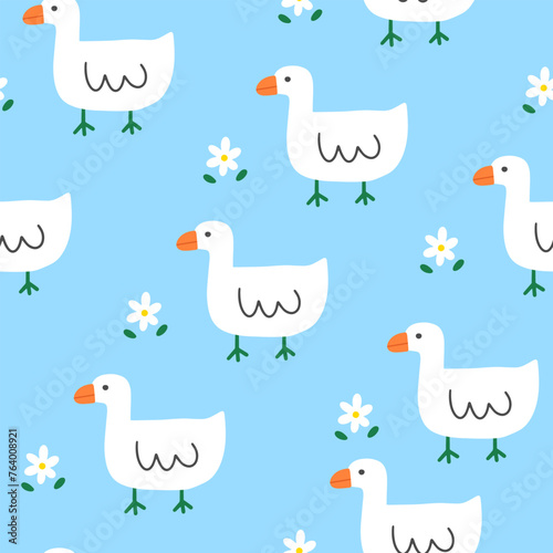 Cute goose on a bright blue background with camomile white flowers, kids fabric and textile vector print design, seamless pattern © CandyLama