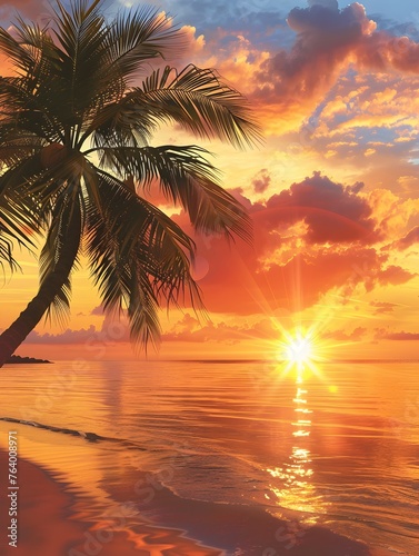 Sunset with palm tree silhouettes over the sea - Breathtaking sunset view amidst palm trees and tranquil sea © Mickey