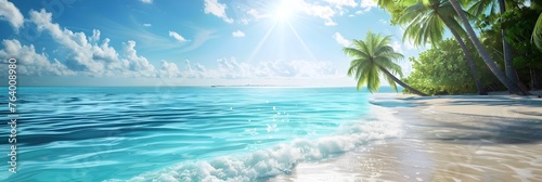 Clear blue sea with palm trees and bright sky - Idyllic tropical paradise with clear blue water and lush palm trees