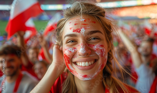 Vibrant Portrait of a Joyful Female Poland Supporter with a Polish Flag Painted on Her Face, Celebrating at UEFA EURO 2024